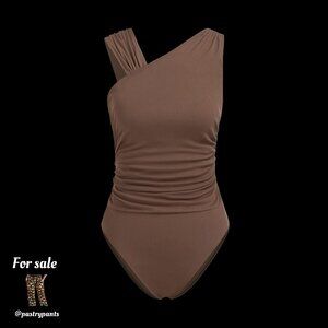 Asymmetrical Neck Solid Ruched camel brown Bodysuit SOLD OUT sz S NWT